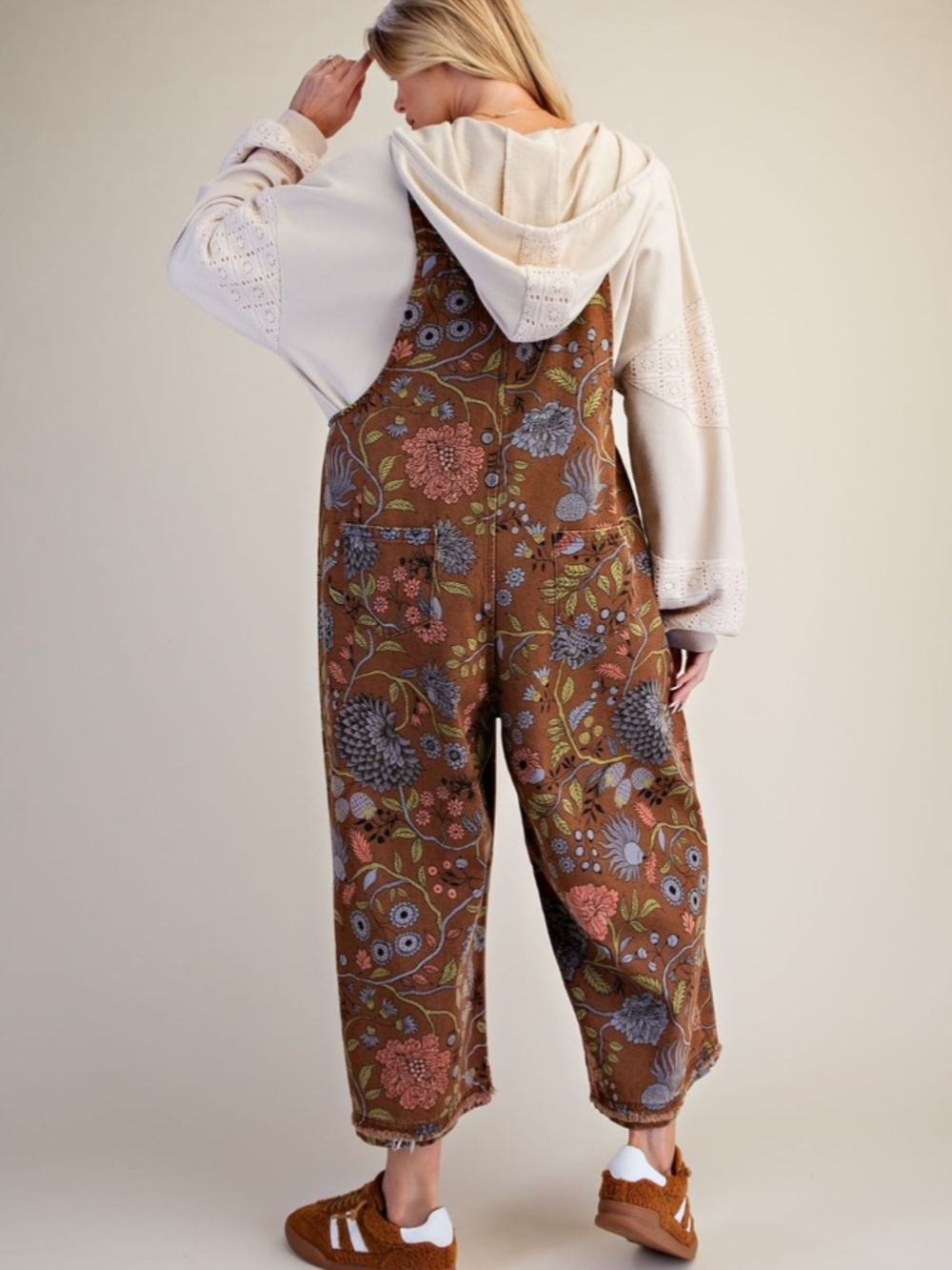 "The Viola" Brown Floral Vintage Washed Oversized Cropped Overalls/Jumpsuit - Picture 3 of 4